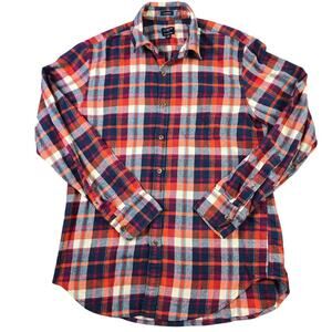 J‎ Crew Flannel Button Front Shirt Men's Medium Plaid Orange Red Blue Classic